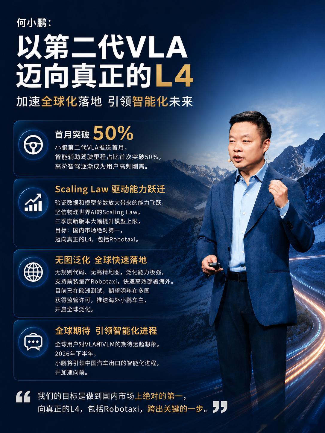 何小鹏：三季度将推送大幅提高模型能力上限的新版本，期望第二代VLA明年在海外推送