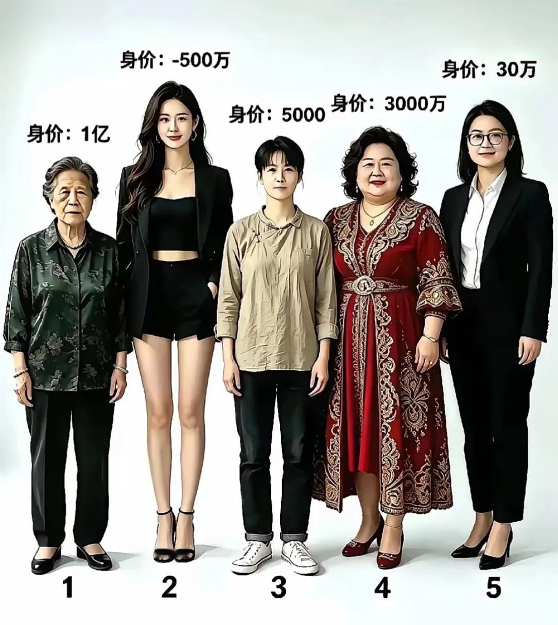 这张图有意思，五位女士标注了不同身价，从负500万到上亿都有。很多人第一眼会被外