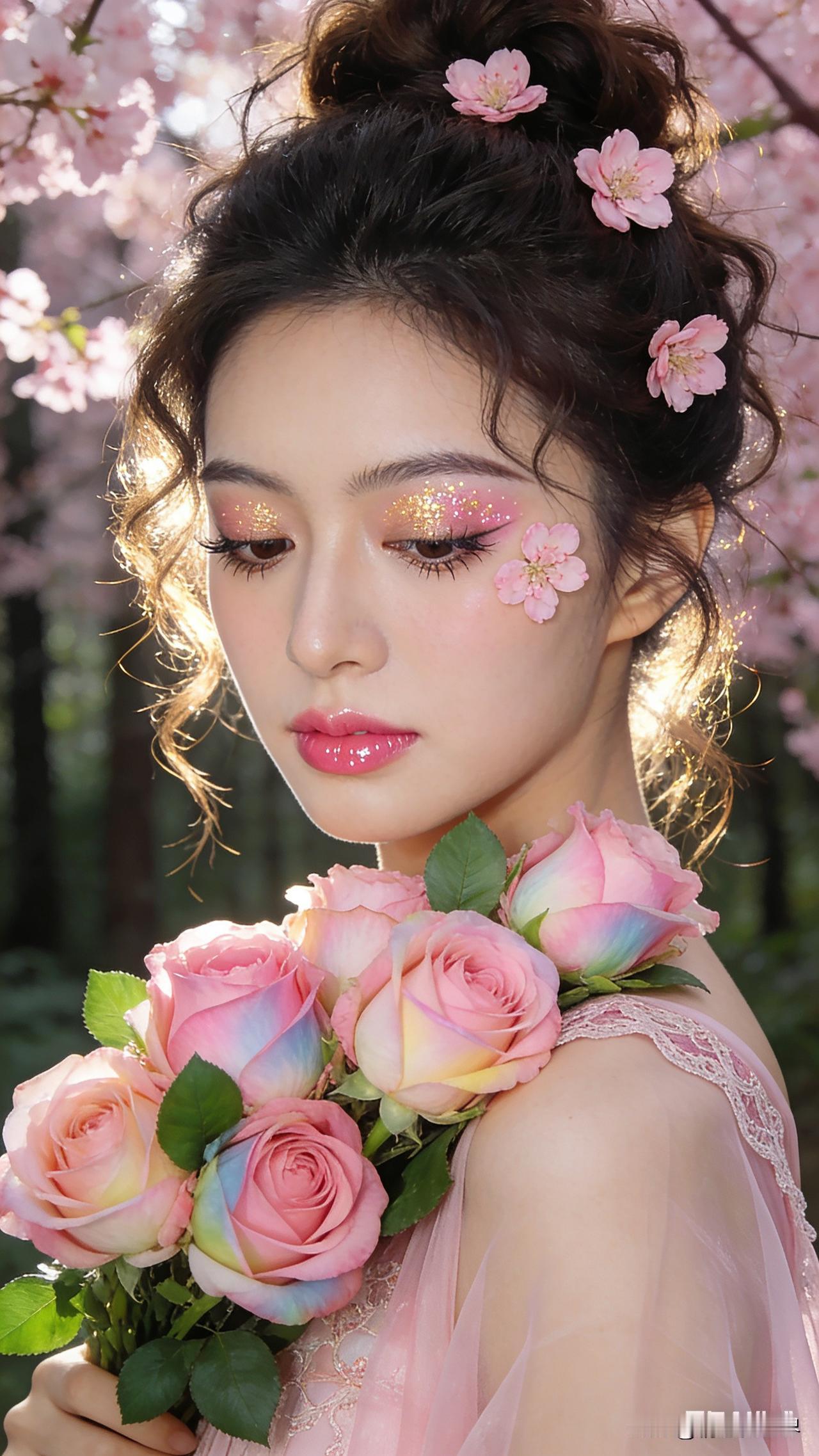 这位姑娘在花丛中抱着一束玫瑰花，妆容精致。玫瑰花美人照 红玫瑰花束拍照 女孩手拿