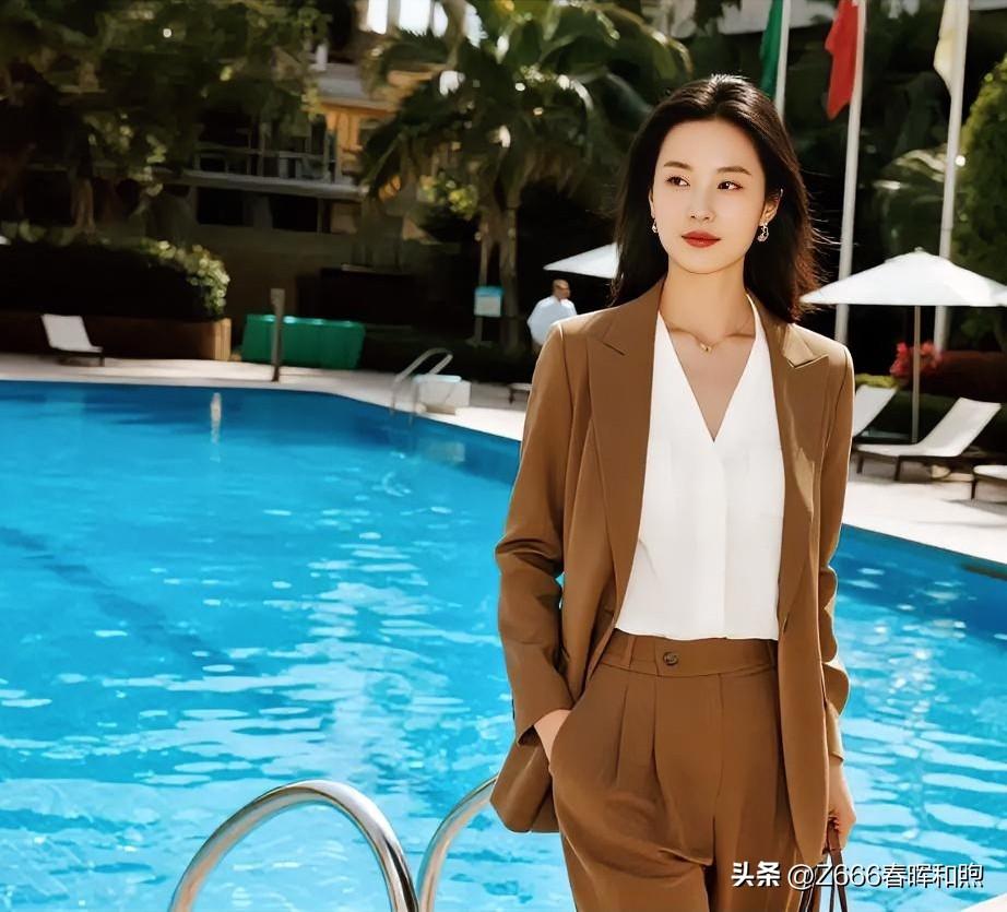 棕咖西装映碧水，光影斑驳间，优雅与度假风情完美相融。