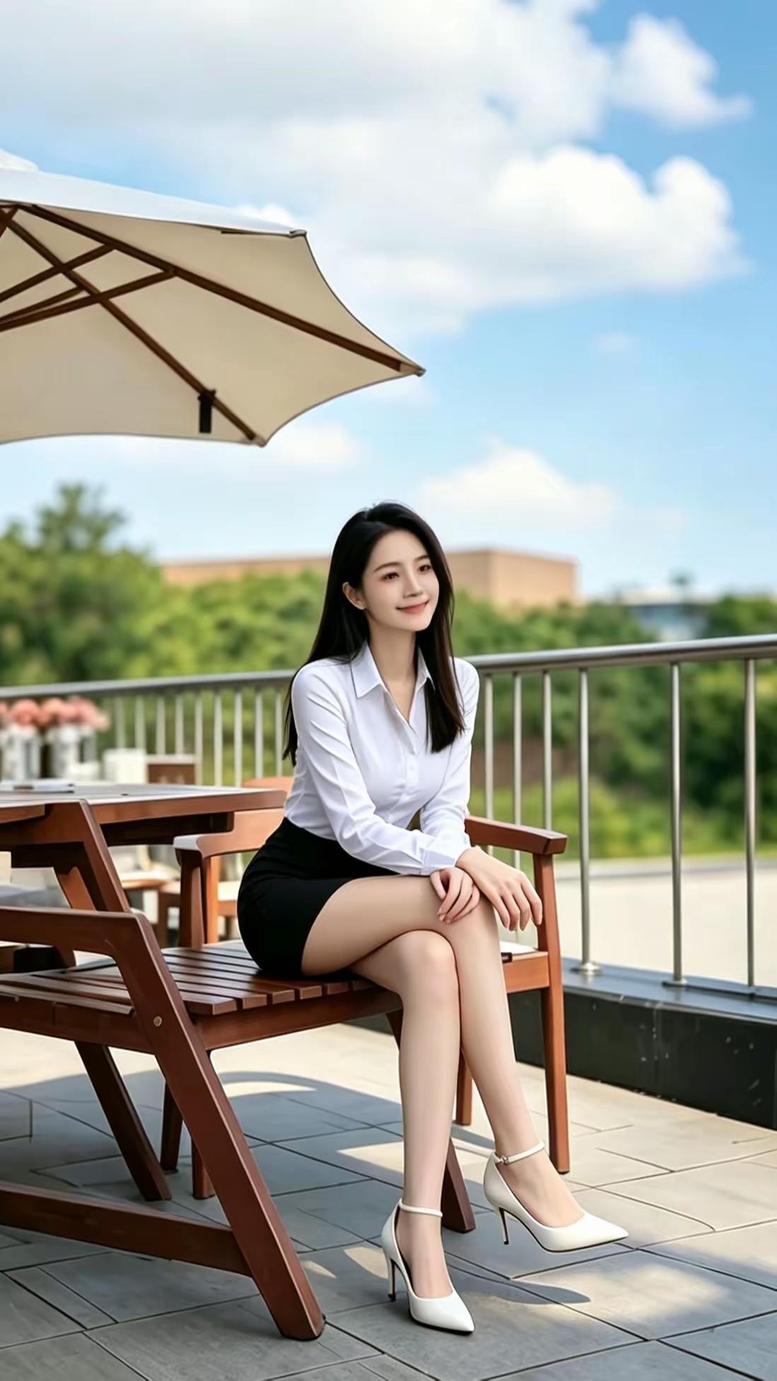 她坐在户外椅子上，穿着白衬衫和黑裙子。