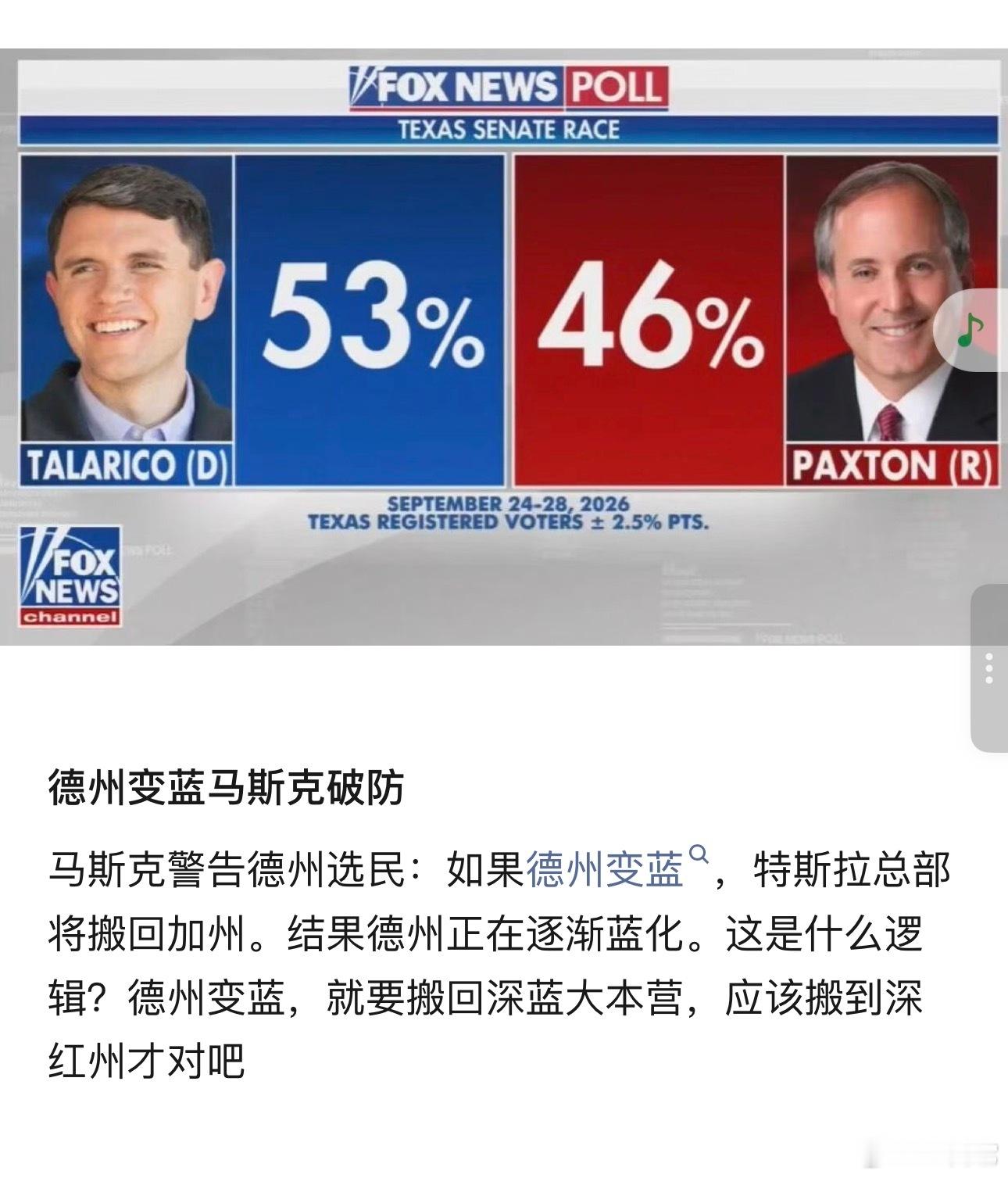 📌 马斯克的“逻辑鬼才”时刻：德州若变蓝，特斯拉搬回加州？🔥 福克斯新闻（F