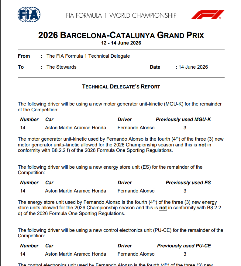 F12026f1巴塞罗那大奖赛 阿隆索更换动力单元限制部件，从维修区起步。 