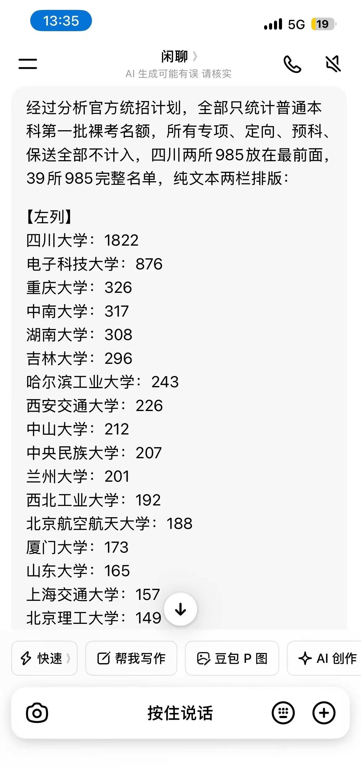 2026年39所985在川招生人数。所有专项、定向、预科、保送全部不计入高考 四