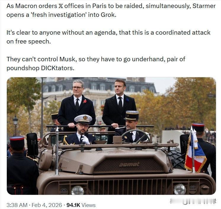 当 Macron 下令突击搜查 X 在巴黎的办公室时，与此同时，Starmer 
