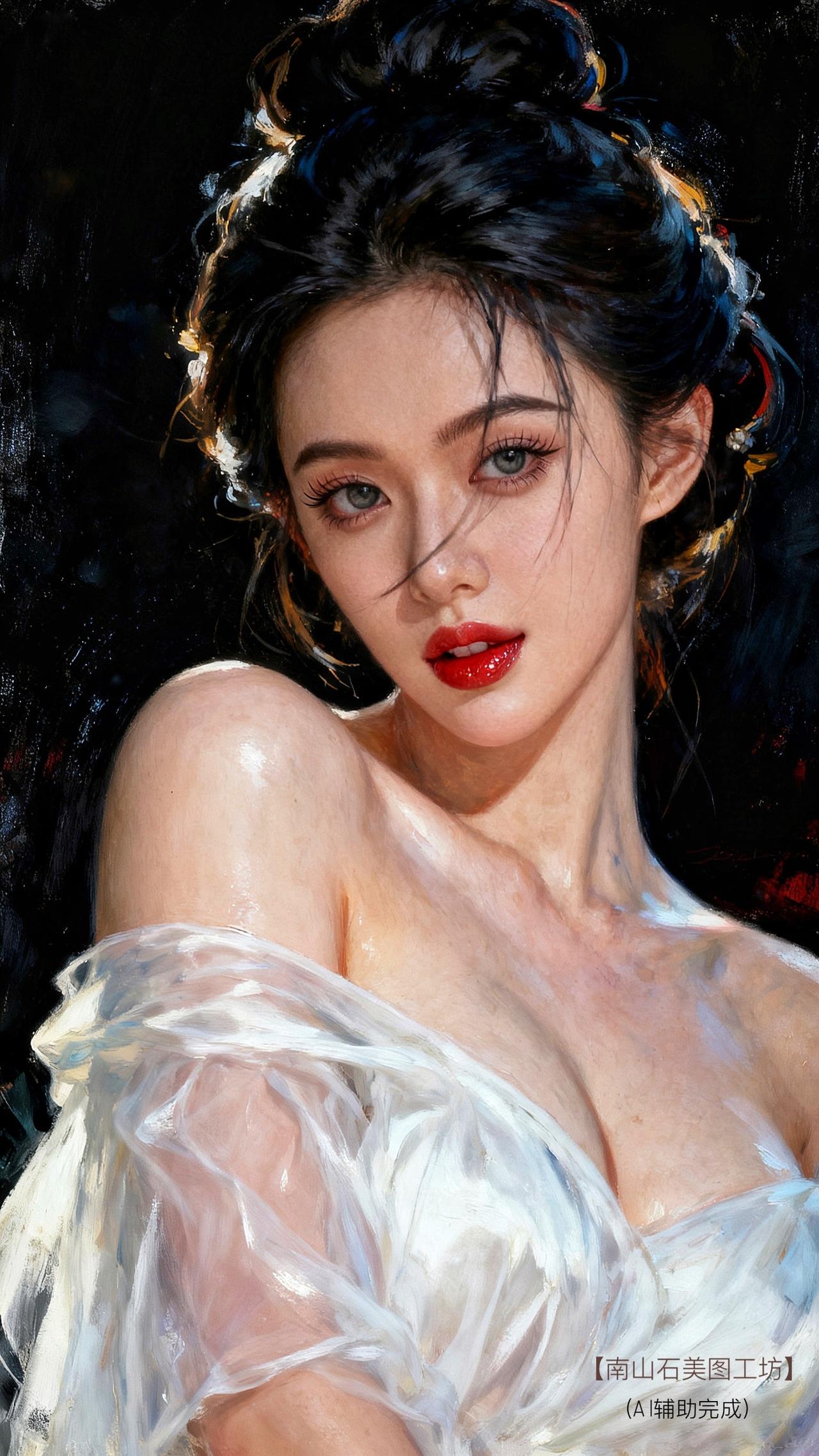 乌发高绾成云髻，白纱轻覆香肩，光影在莹润肌肤流转。明眸漾星芒，红唇燃炽焰，暗幕作