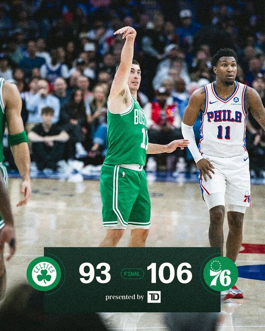 全场比赛结束，我们最终在客场93-106不敌76人☘️塔图姆17分11篮板3助攻