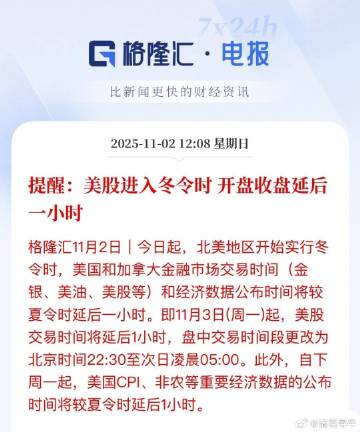 提醒：下周一也就是11月3日开始，美股开盘要延后一个小时时间，开启冬令...