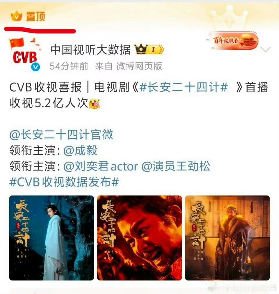 成毅长安二十四计首播收视中国视听大数据直接置顶了，电视剧《长安二十四计》首播收视