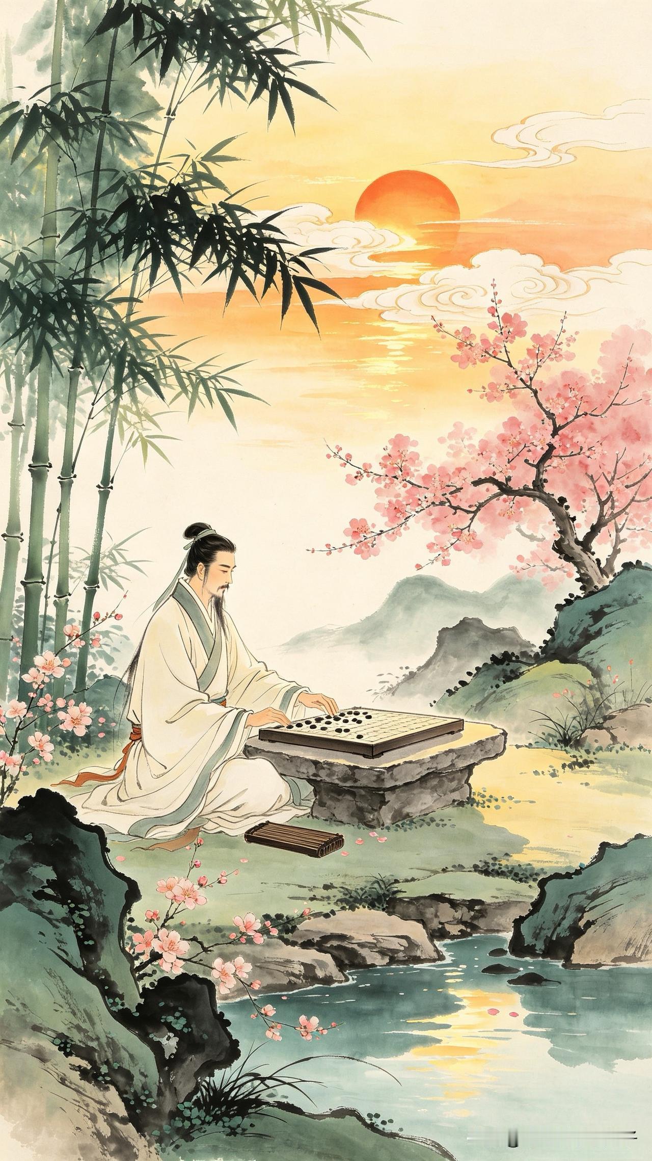石枰闲坐日西斜，
漫看流云数落花。
偶得新诗无客赏，
    
…………请师友续