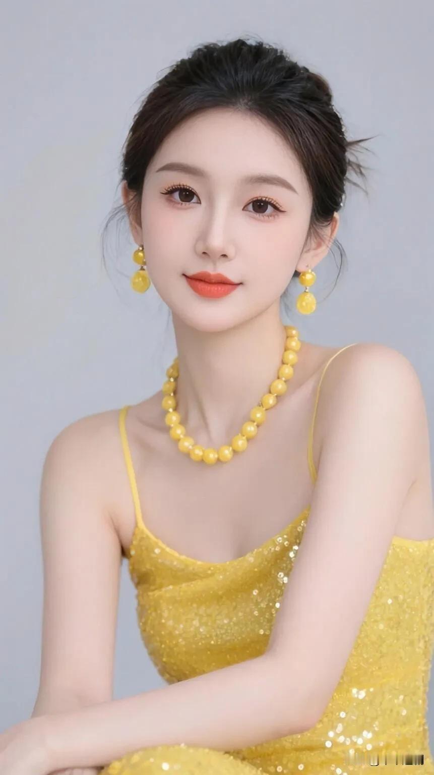 鎏金亮片裙身漾着细碎光泽，同色系珠饰衬得红唇愈发明艳。浅灰底色里，一身暖黄鲜活又