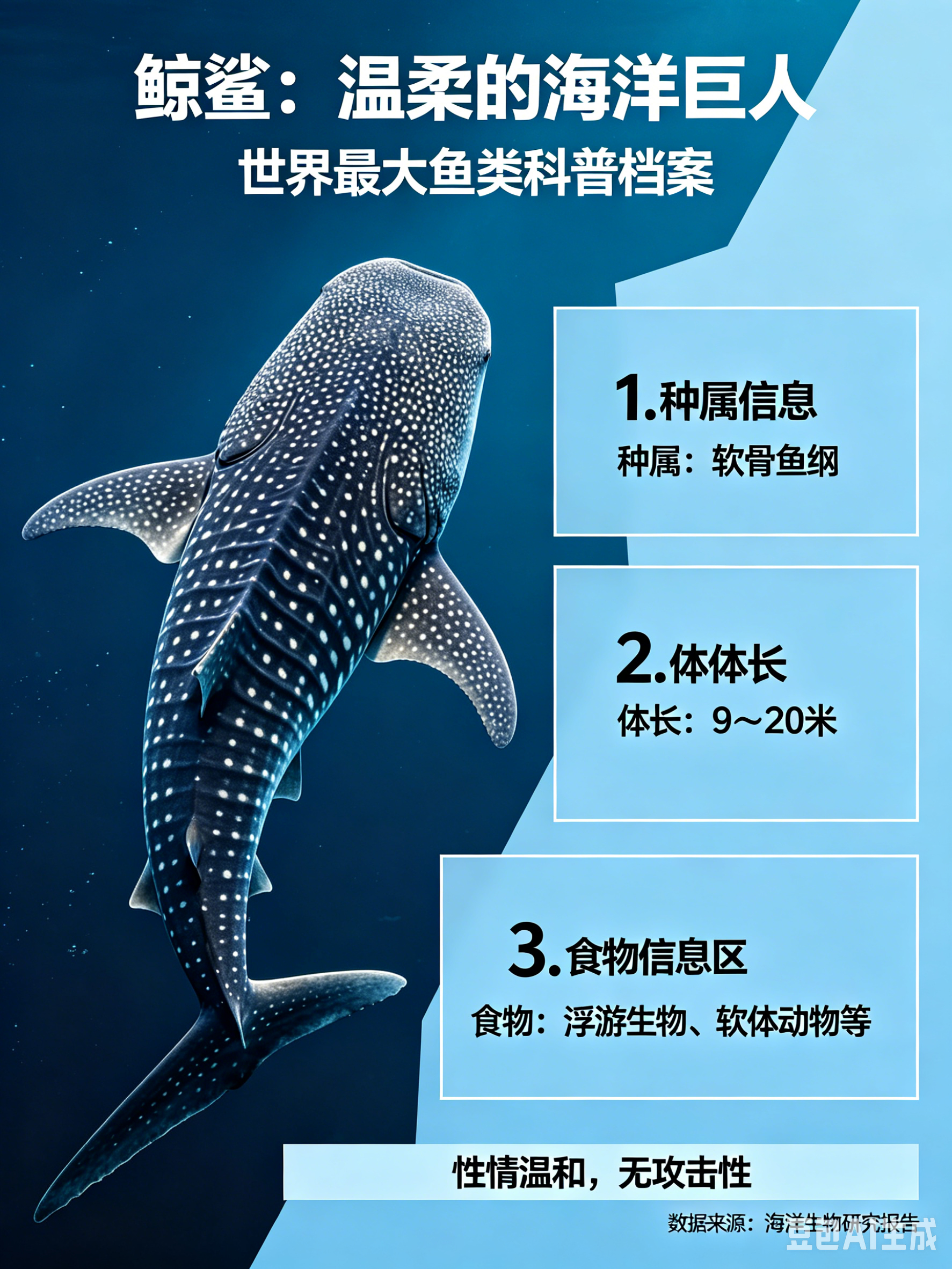 海洋朋友圈 鲸鲨海洋档案种　属：软骨鱼纲体　长：9～20米食　物：浮游生物、软体
