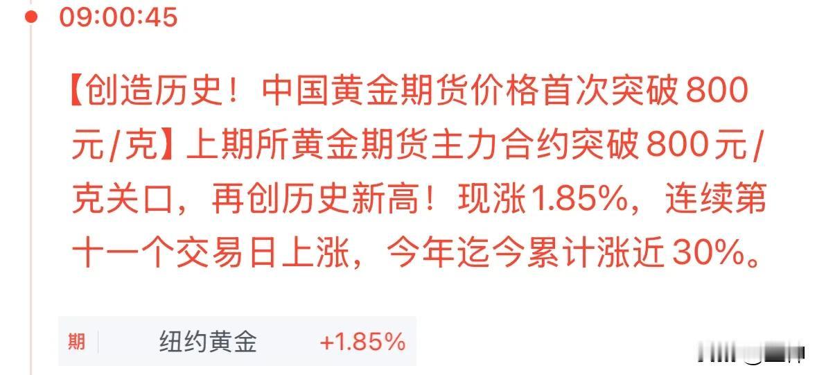 创造历史，再创新高。内盘期货黄金首次突破800元/克，收盘站上805元每克。涨势