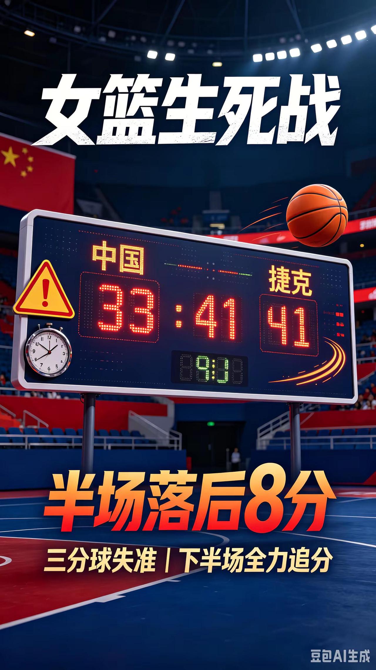 中国女篮生死战对阵捷克，半场比赛结束中国队落后8分，三分球2:8中国女篮 捷克女
