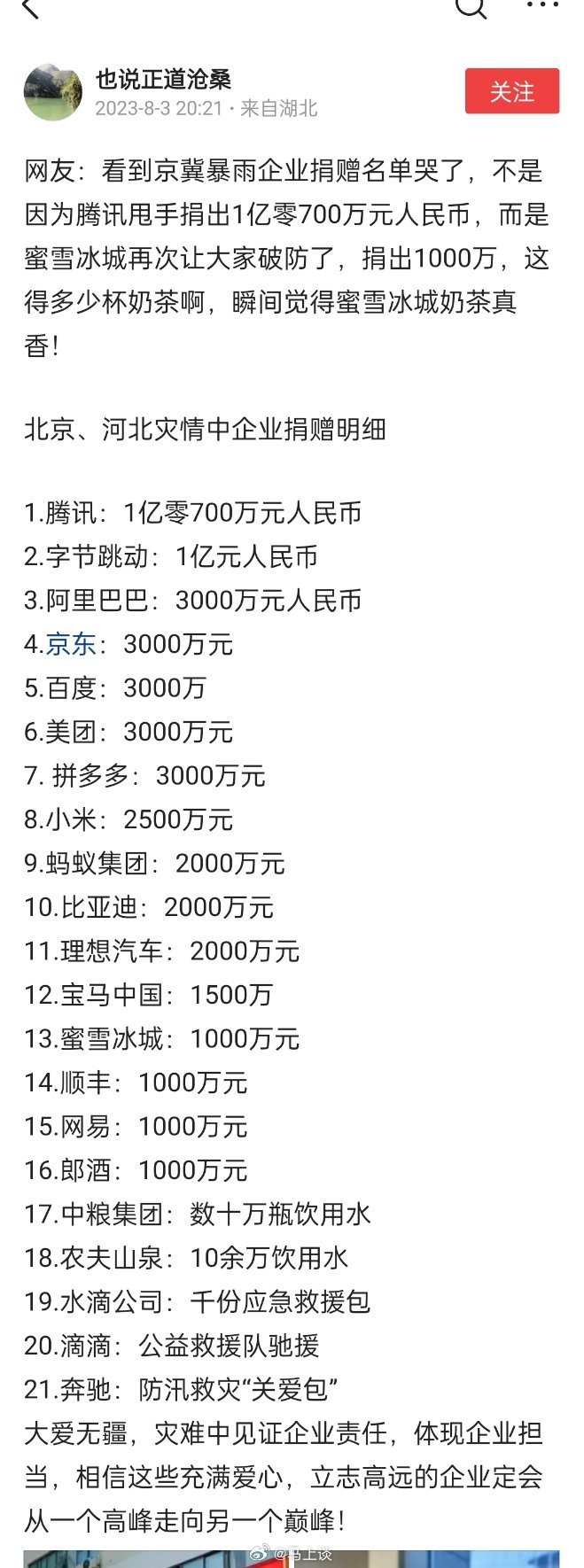 #蜜雪冰城捐1千万支持抗汛救灾# 几块几块的卖，千万千万的捐，蜜雪冰城真的[赞]