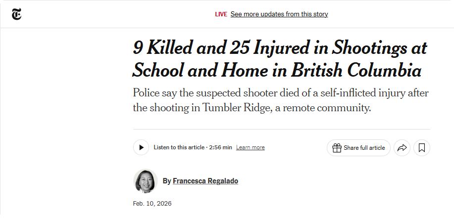 加拿大突然染上了美国的病。

本周二，卑诗省图姆布勒里奇高中校园枪击案目前已经有