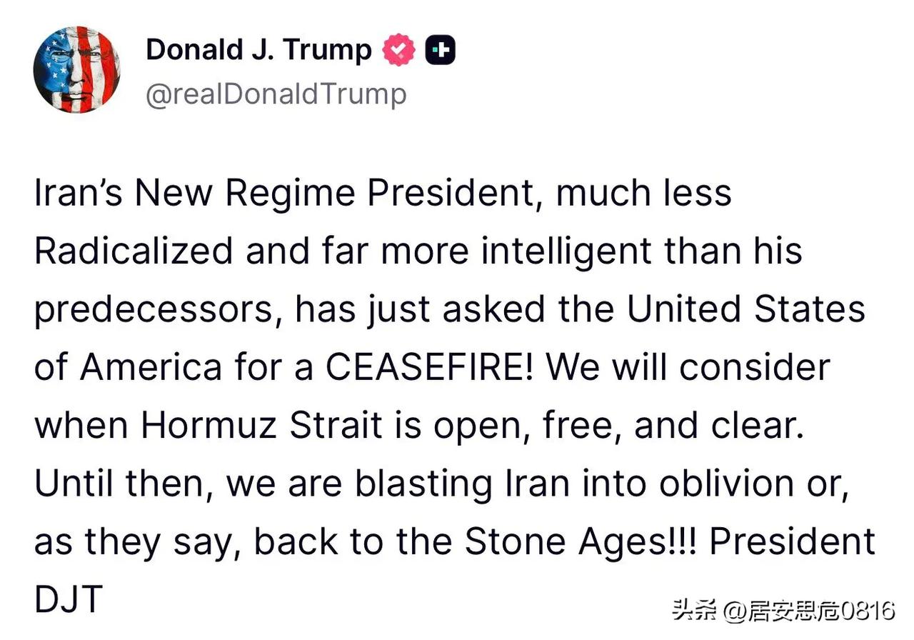 美国总统唐纳德·J·特朗普在TruthSocial网站上发帖称，就在股市开盘之际