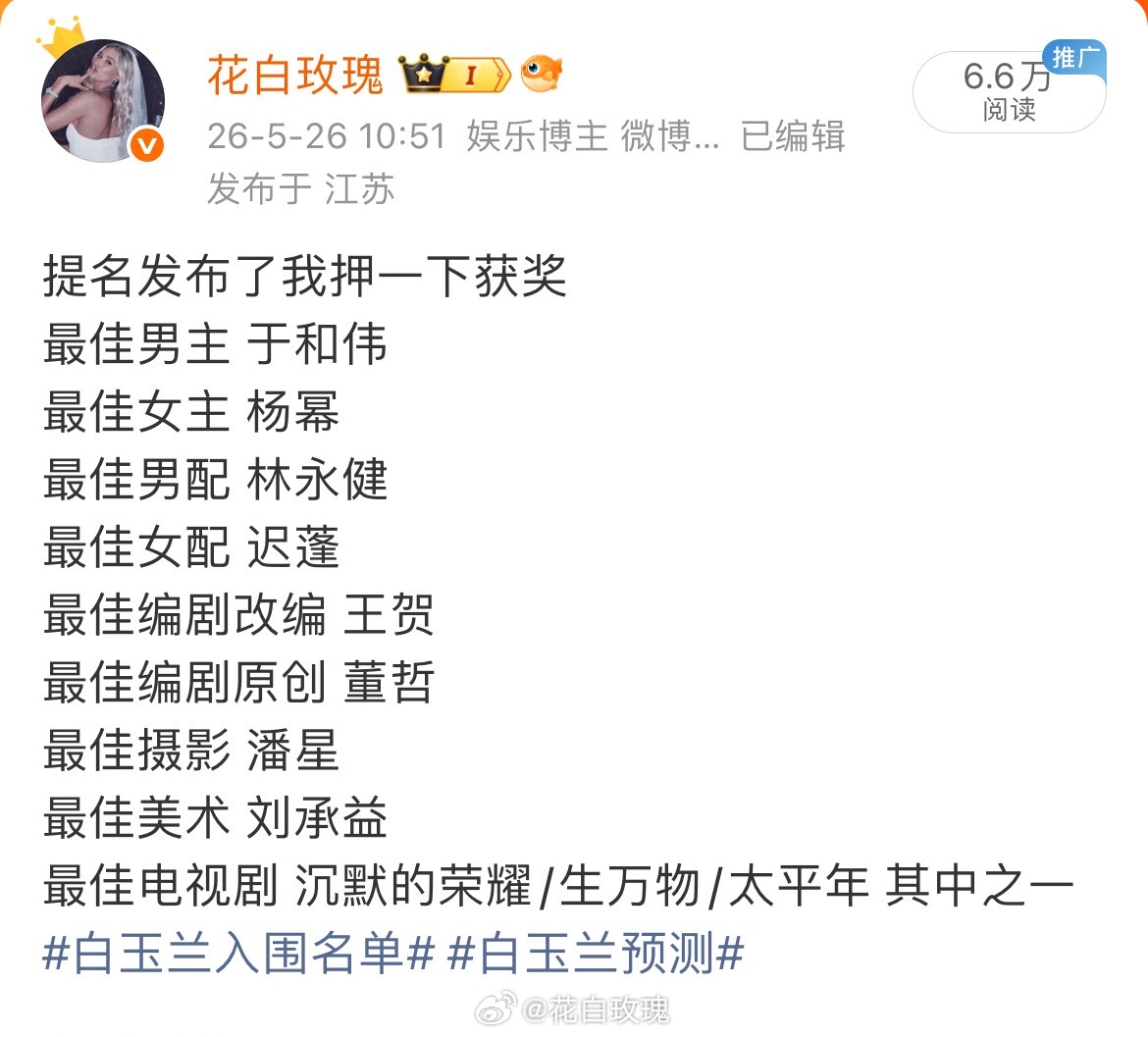 我还是坚持这个等揭晓~白玉兰视帝视后最终预测