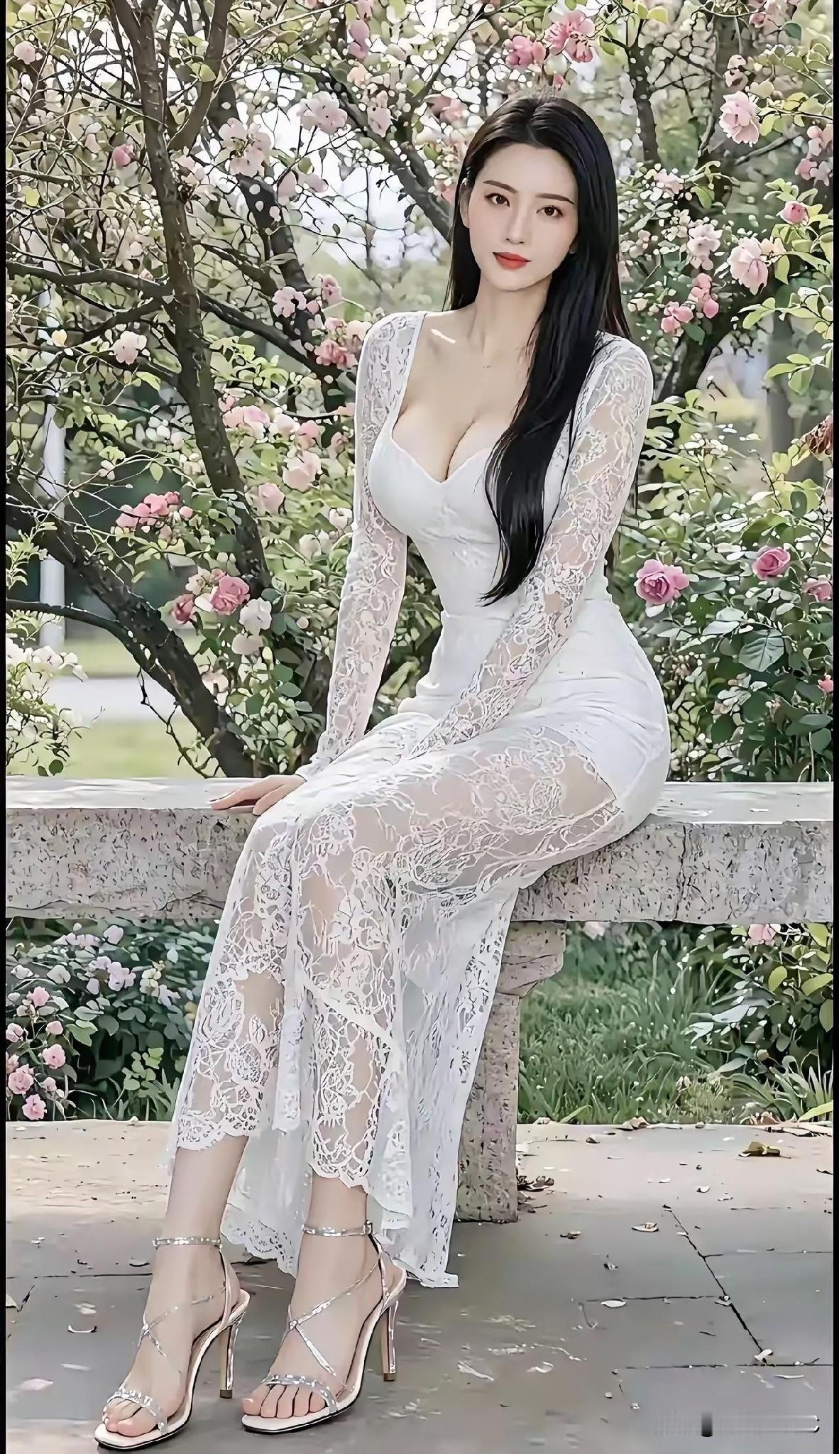 又来好美女欣赏了！一袭白衣蕾丝抹胸白裙，“若隐若现”，樱桃小嘴柳叶眉，长发披肩，