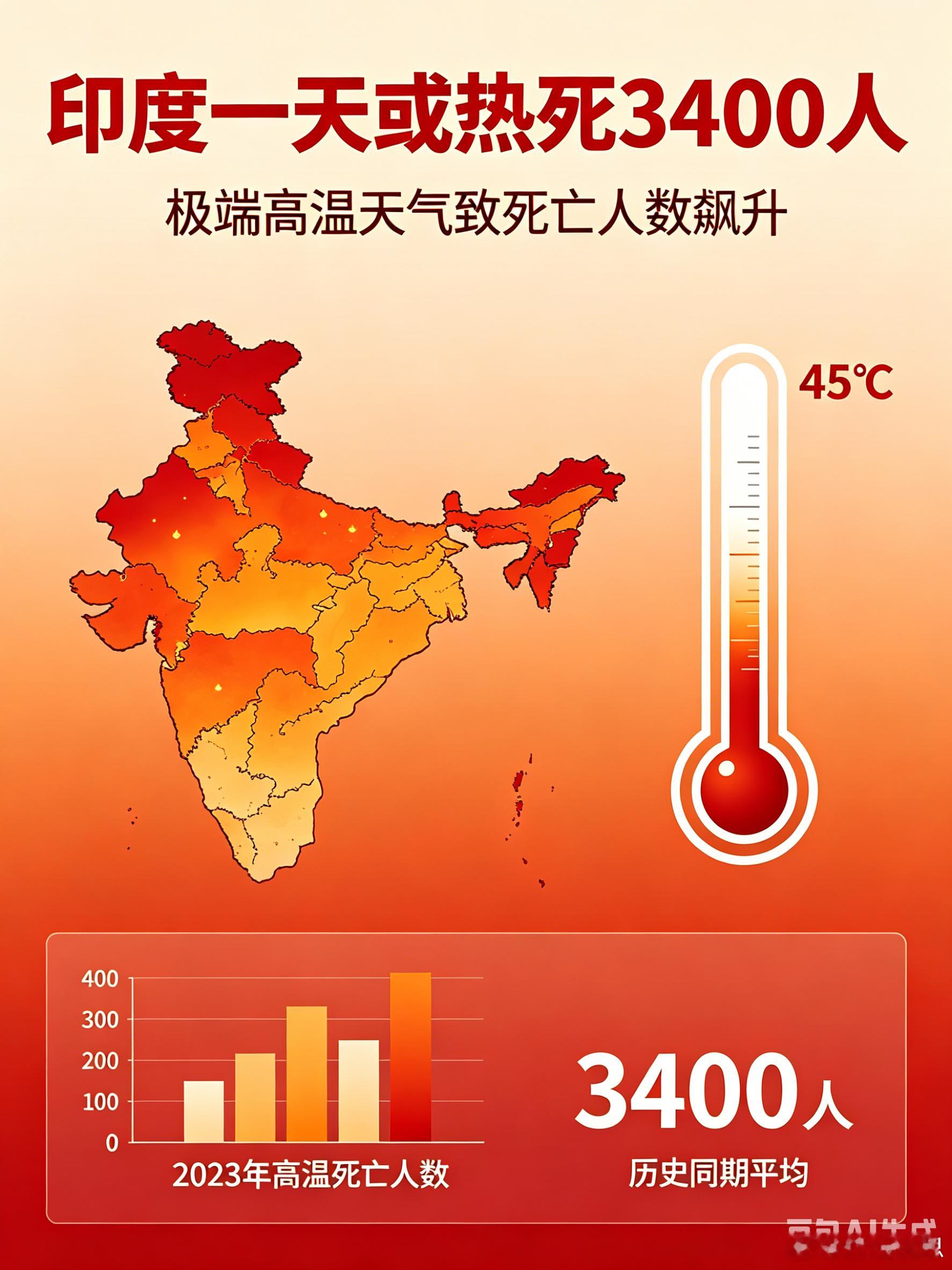 印度一天或热死3400人14亿人，只有9400万台空调，平均每月停电14次。当4