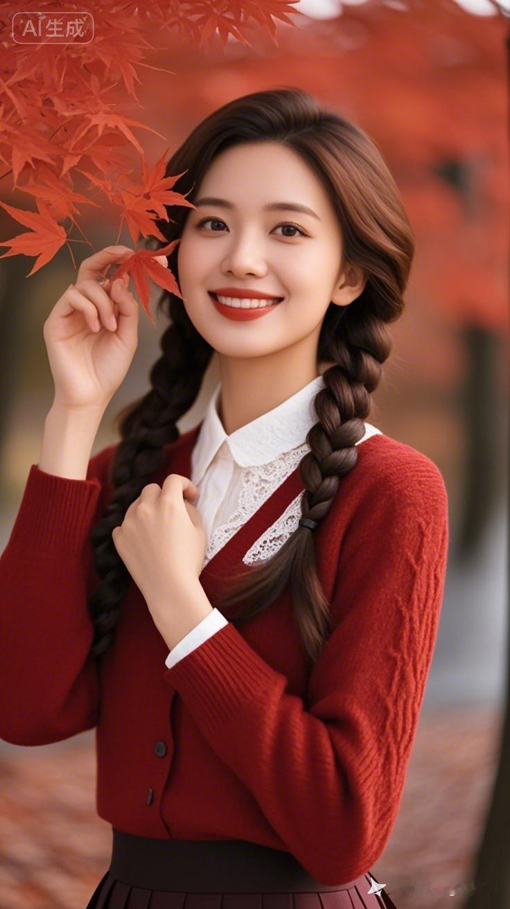 秋日红叶下的甜美少女，微笑如阳光般温暖！
