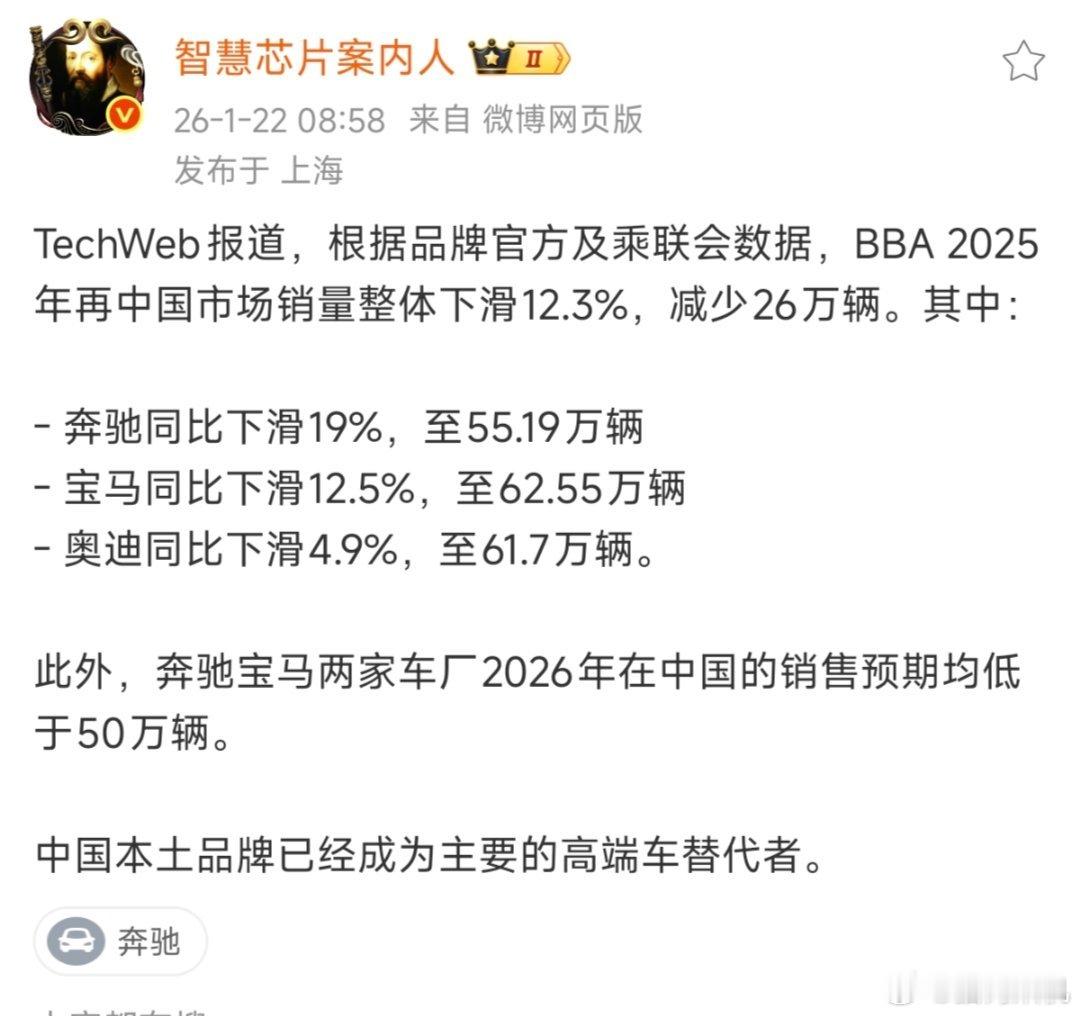 bba在国内过的还是并不好啊，前有特斯拉比亚迪这种电车龙头堵截，后有小米、小鹏等