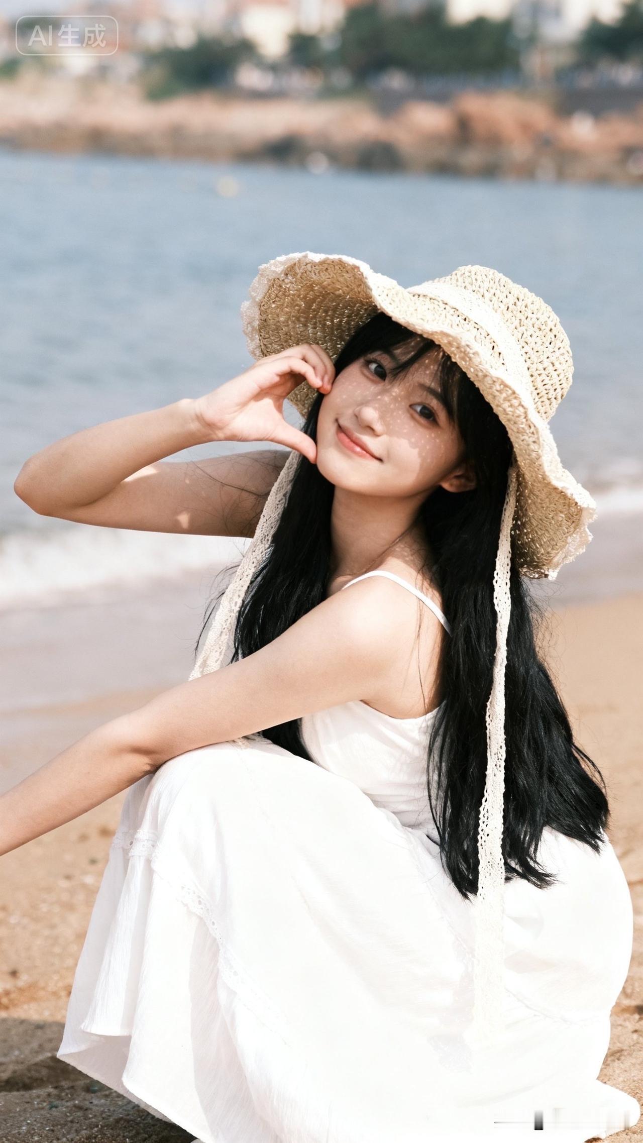 海边女孩戴草帽，笑得真甜！