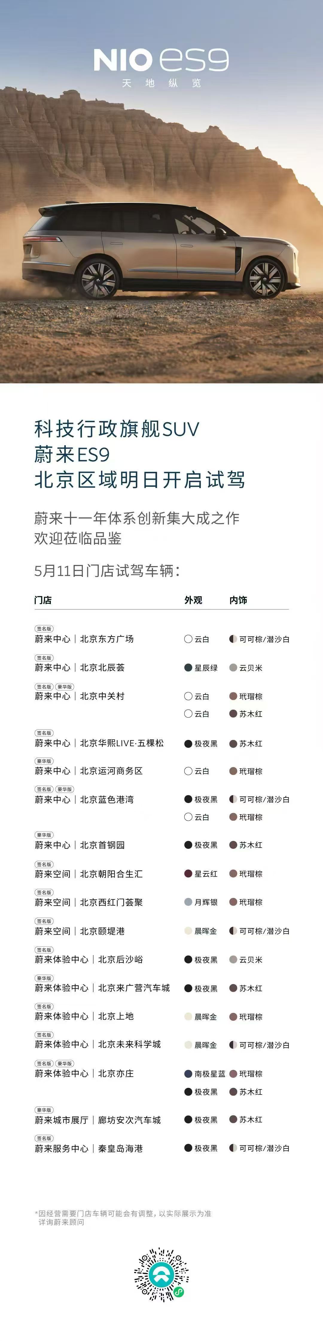 蔚来ES9明天门店开放试驾，北京的列表在这里，车不算少啊。 