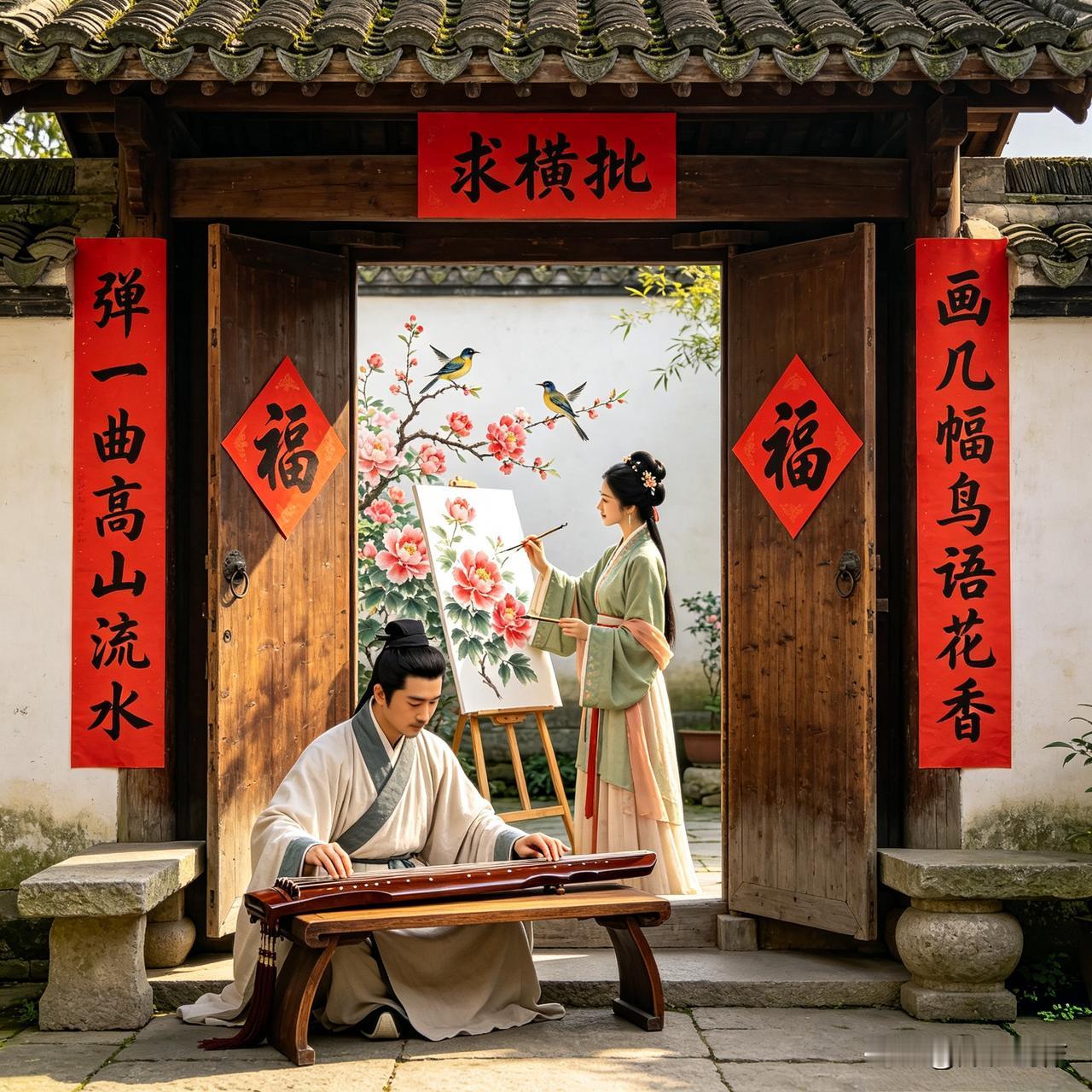 上联“弹一曲高山流水”藏着知音之韵，下联“画几幅鸟语花香”透着自然之趣，整副联满