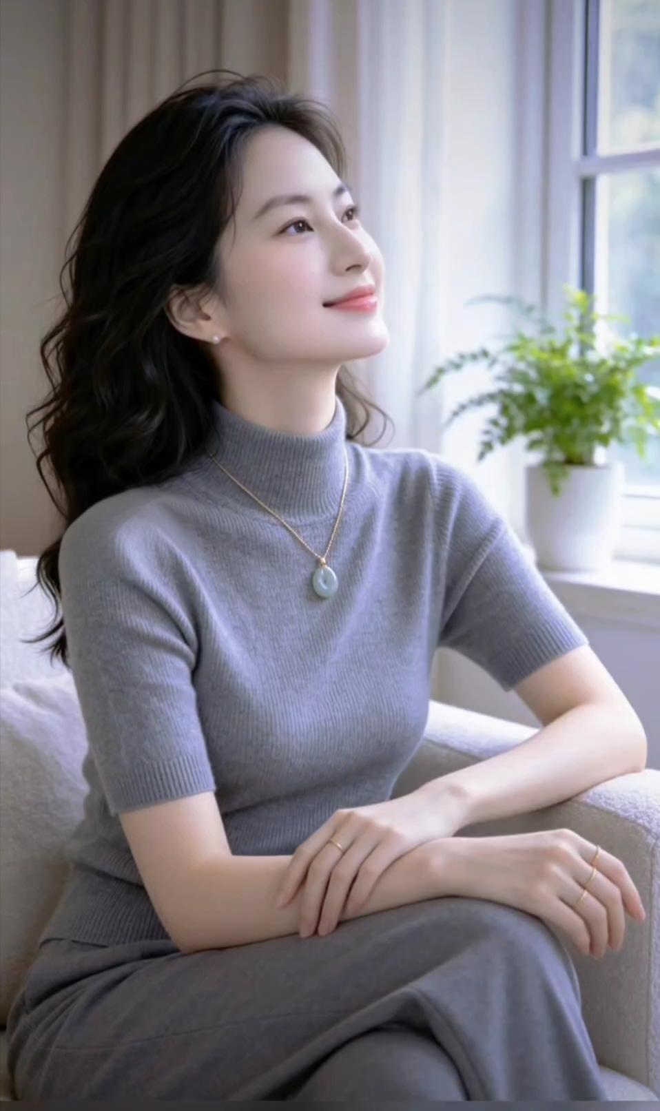 这位女士正在微笑，看着窗外。