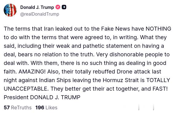 特朗普总统在Truth Social上发帖，反驳伊朗官方媒体关于美国与伊朗潜在协