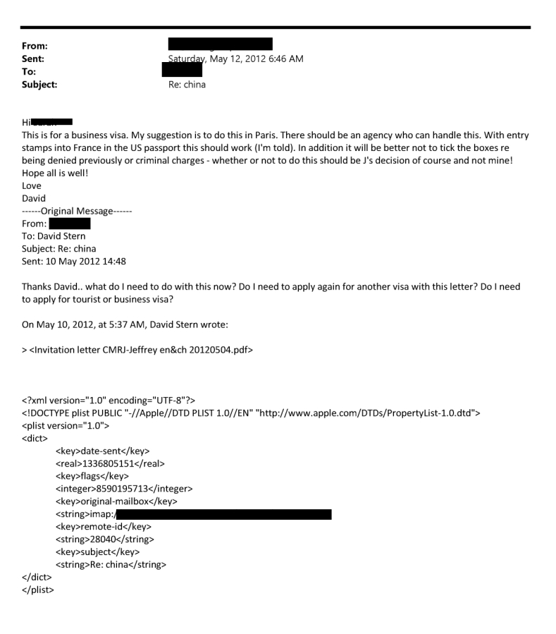 在埃普斯坦因犯有性侵儿童罪被定罪后，中国拒绝了他申请的签证。大卫·斯特恩建议他撒