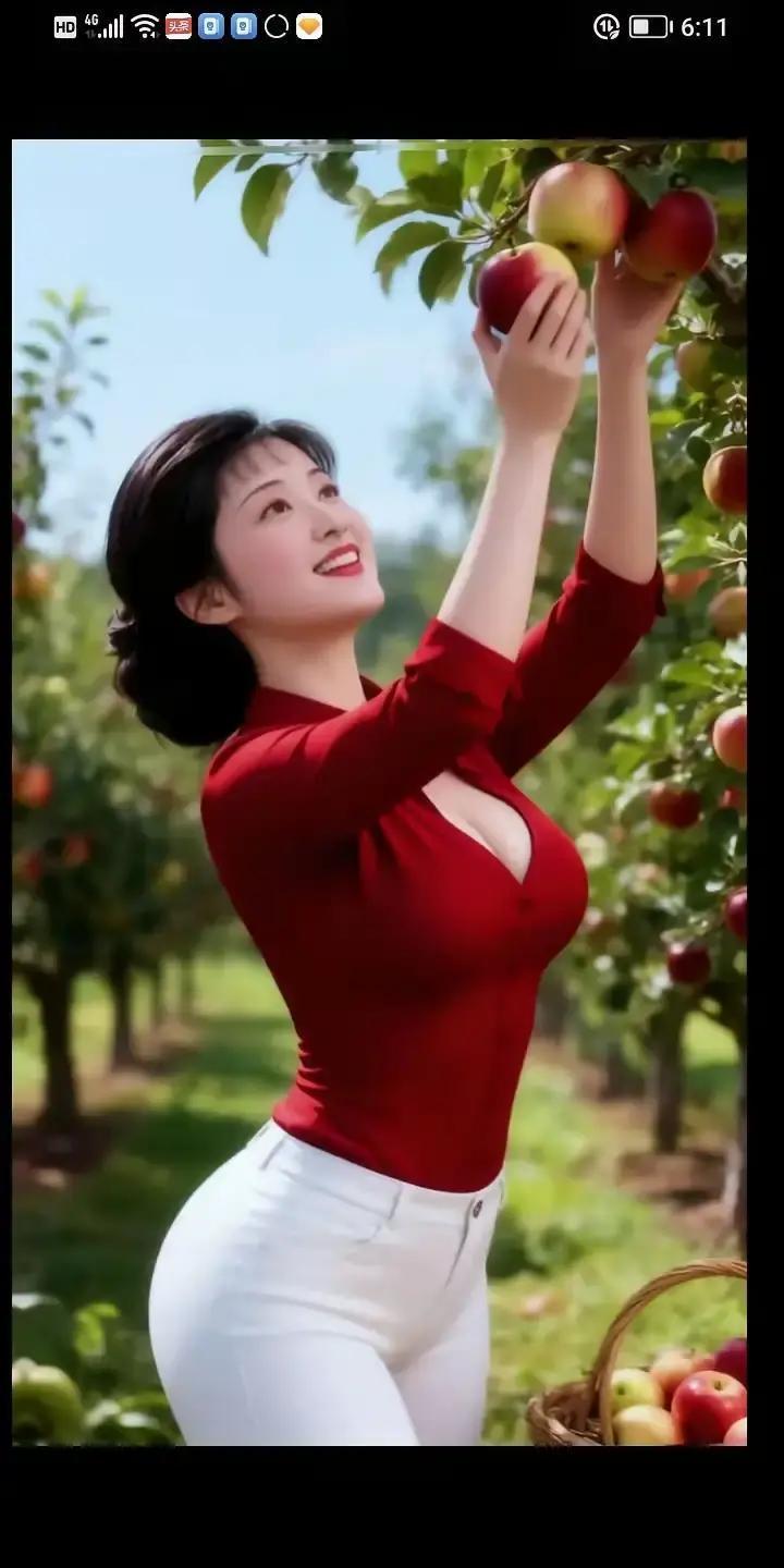 苹果园拍照穿这身，胖十斤也显瘦
 
今天这组图在果林里拍的，红上衣白裤子，颜色炸