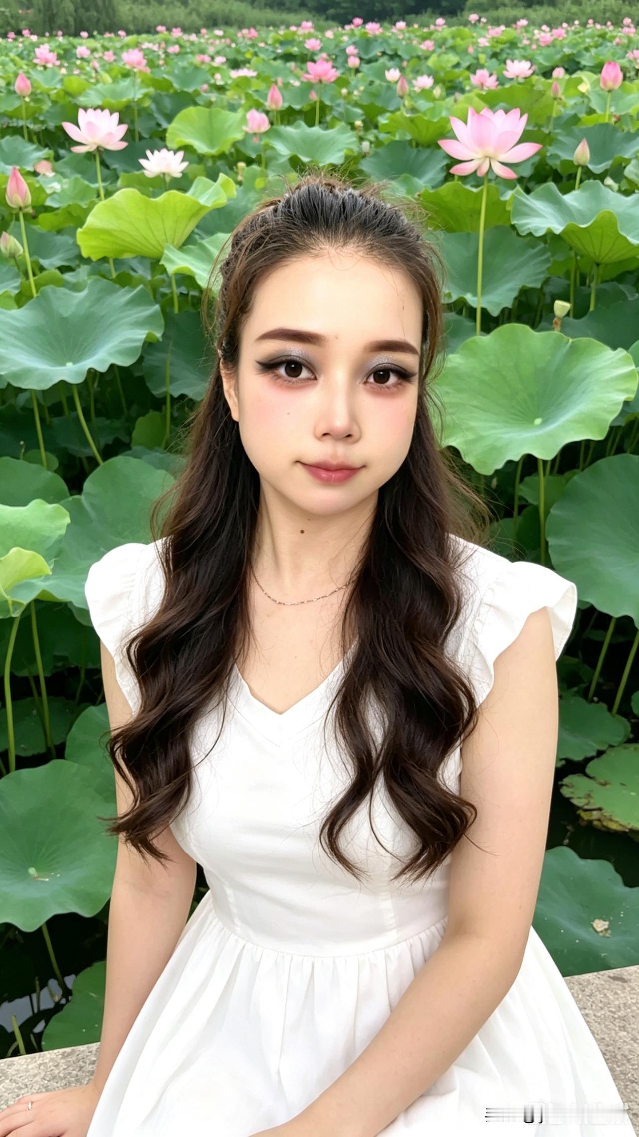 这荷花太美了，只是化的烟熏妆太浓了，与背景不符