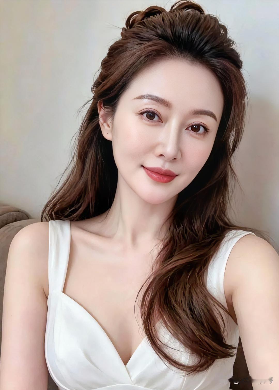 发如墨瀑，挽成温柔的结。
白裙似雪，盛着光的温度。
眼眸藏星，漾开静谧的湖。
唇