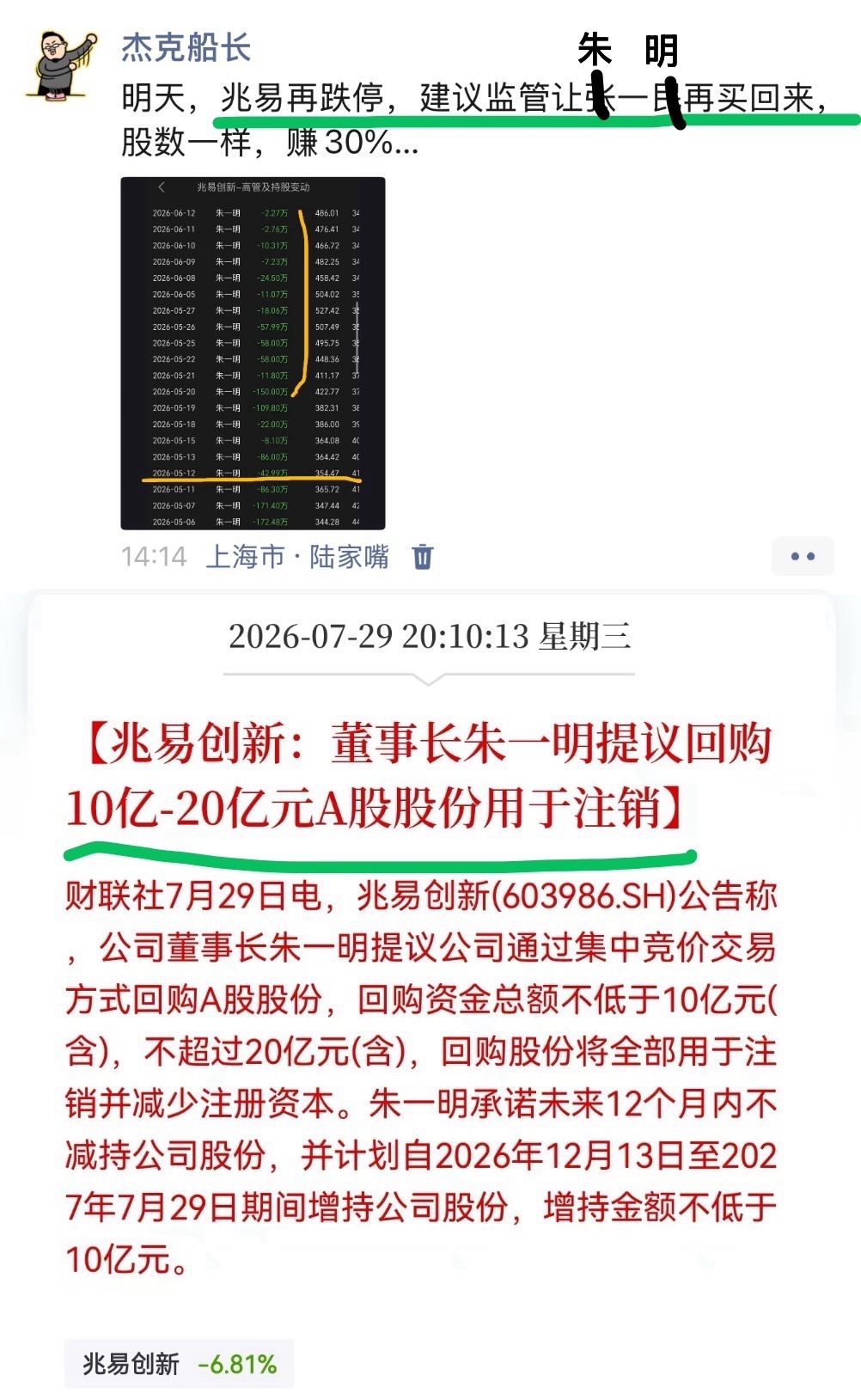 如我所预期，让朱一明回购朱一明减持20亿，买回10-20亿兆易注销，扎差30%，