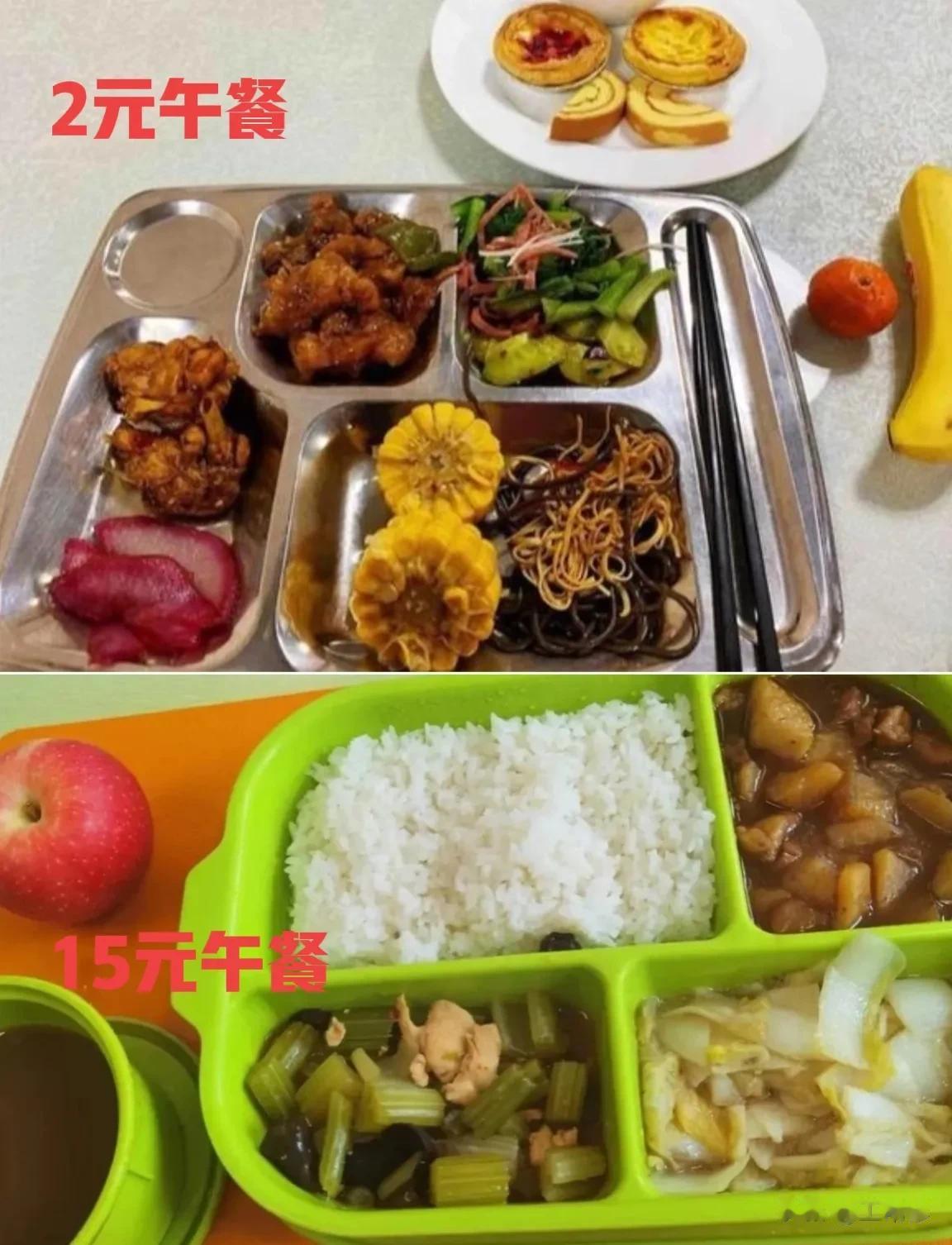 图一:某公仆晒出单位食堂的2元午餐
图二:某小学学生晒出的15元预制午餐

2元