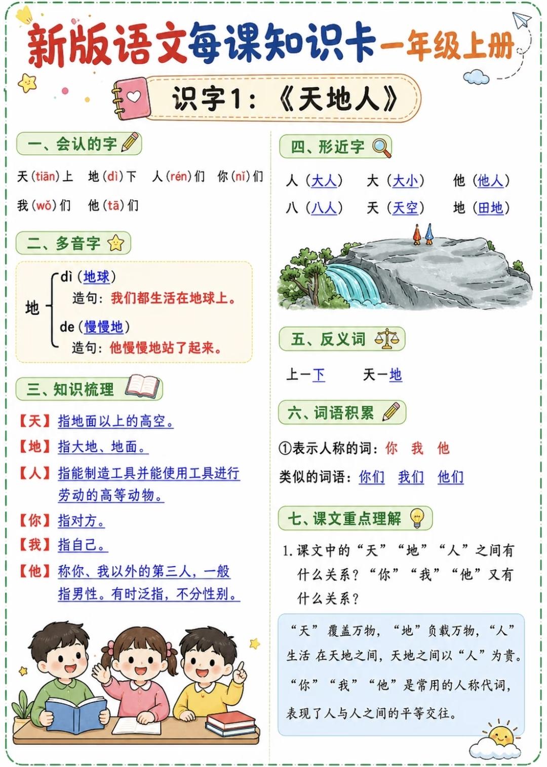 一年级上册语文，第一单元每课知识卡，收藏预习复习巩固知识~