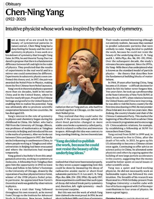 全文翻译！！自然杂志对杨振宁缅怀
讣告
杨振宁
(1922-2025)
一位对科
