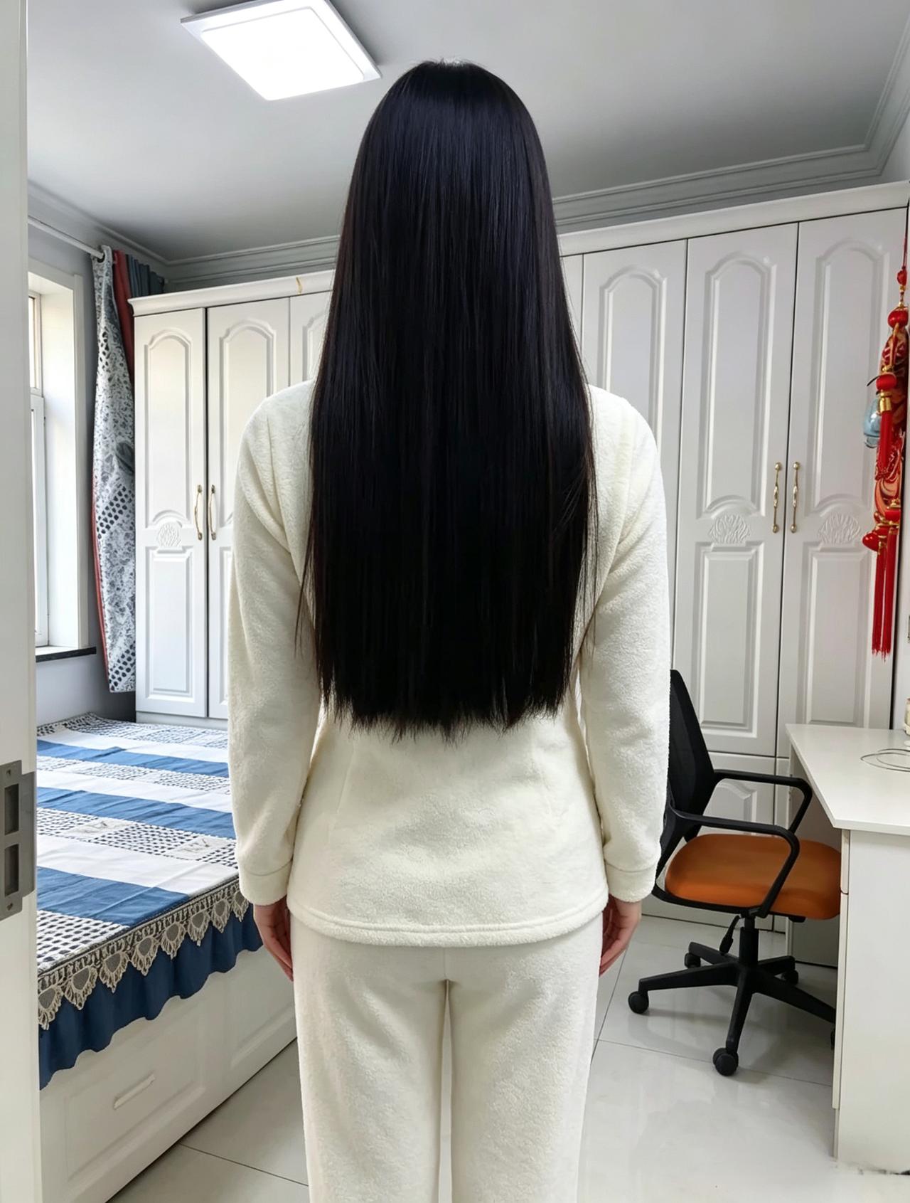 一袭素色着清妍，秀发如云落两肩。
背立闲庭姿态雅，身姿端秀自嫣然。
心藏温婉无尘