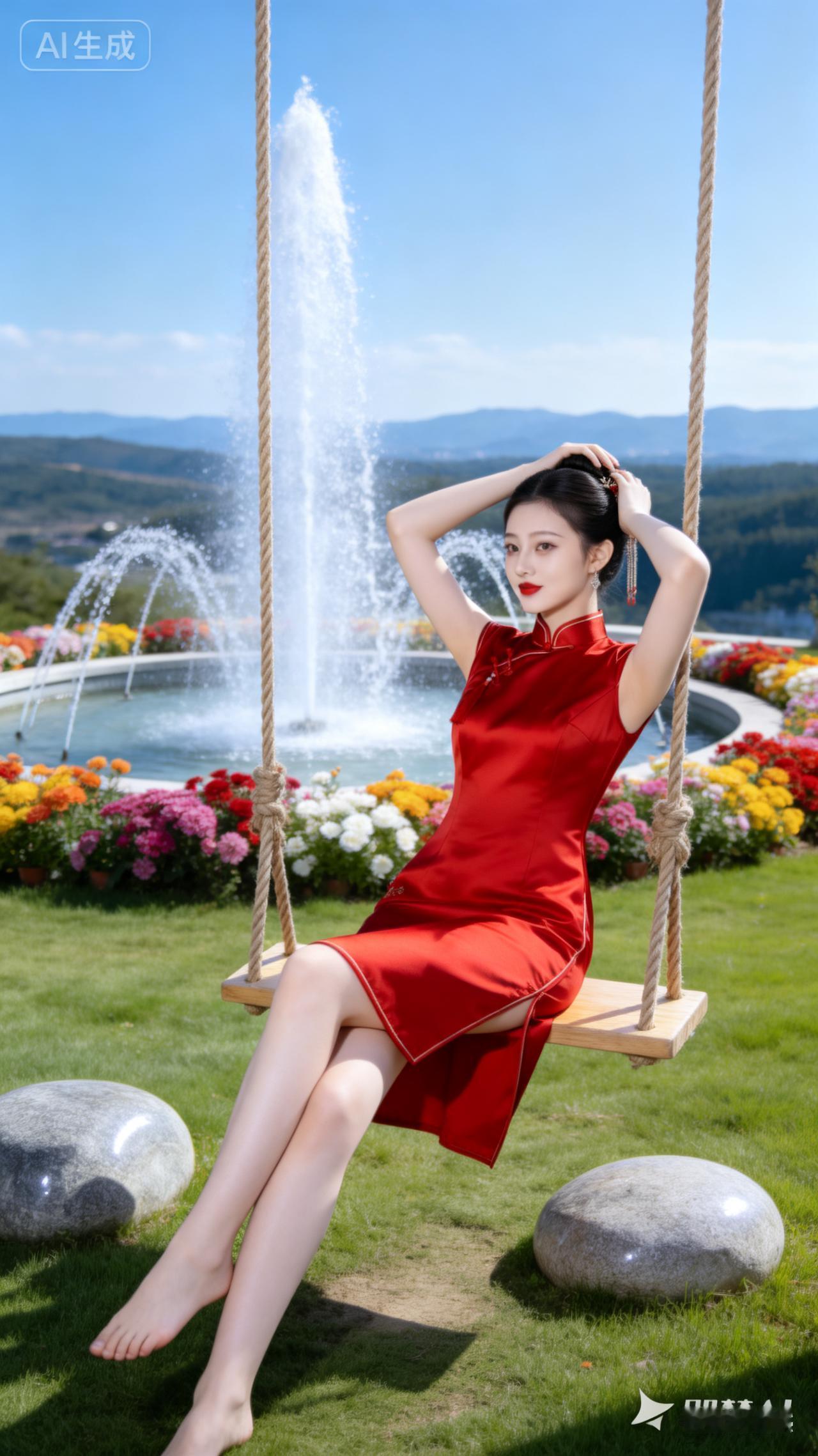 红裙飘飘，荡漾在花海与喷泉之间，尽显东方韵味。