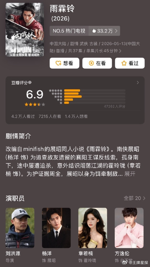 杨洋新剧《雨霖铃》豆瓣开分6.9分，展昭的故事真的很热血，杨洋就是天选展昭，天选