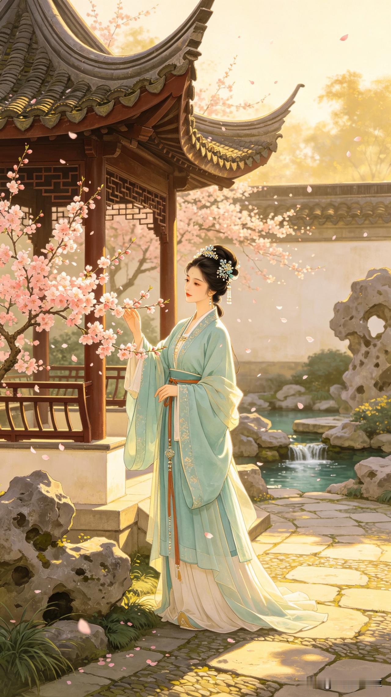 鹧鸪天·春园赏桃

翠袖轻扬倚画栏，
夭桃灼灼映朱颜。
垂杨影里莺声碎，
流水声