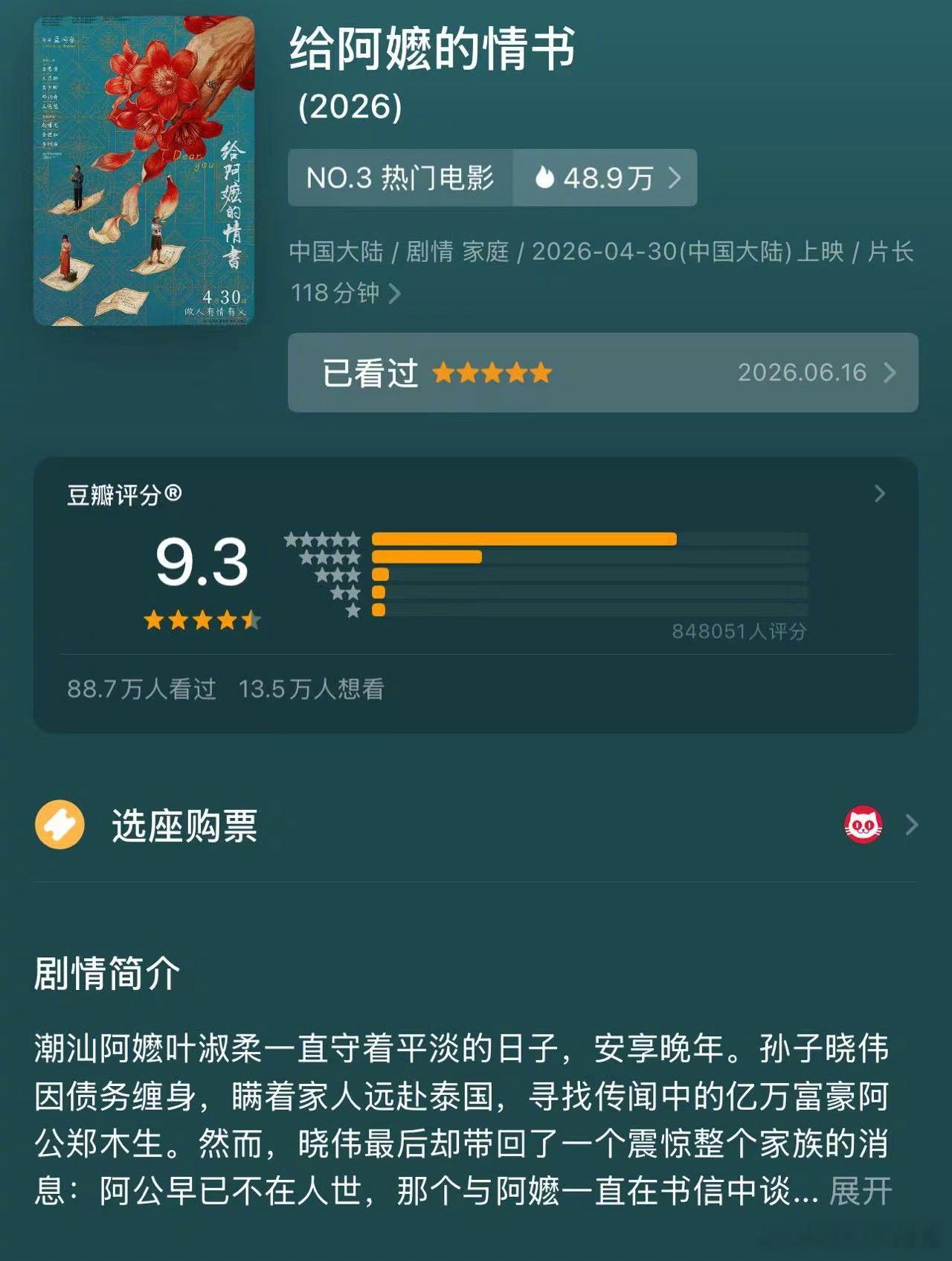 给阿嬷的情书 评分已达9.3分！距离上一次出现 9.3 分的华语院线电影是24年