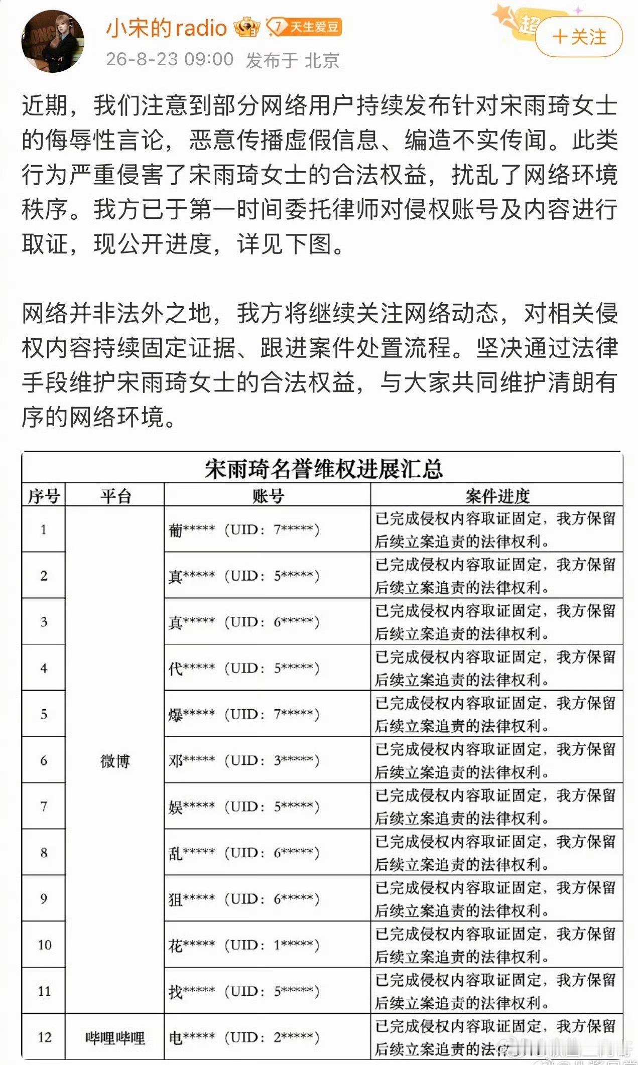 宋雨琦方公布告黑明单 