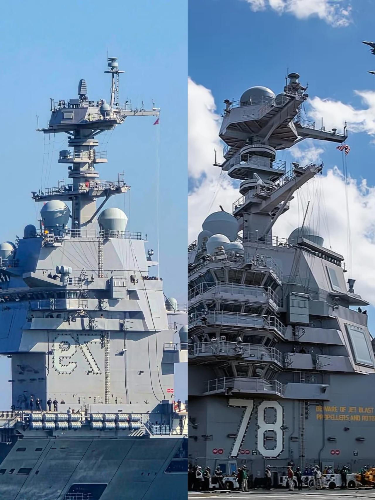 肯尼迪号(CVN-79)与福特号(CVN-78)舰岛对比。