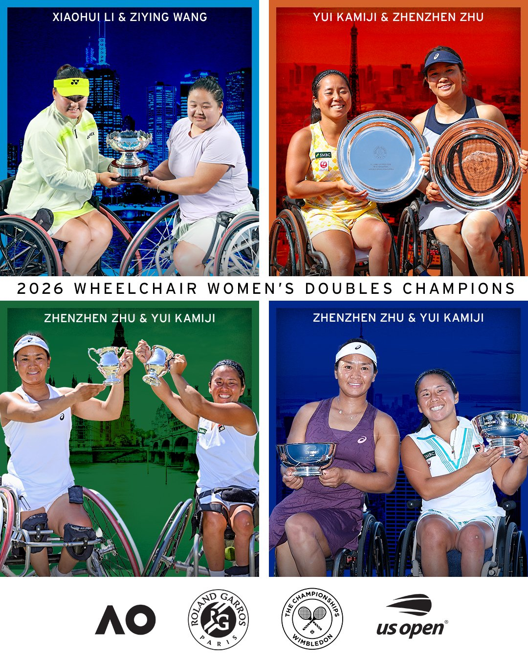 中国选手实现轮椅女双组年度全满贯 澳网女双冠军🏆：李晓辉🇨🇳/王紫莹🇨?