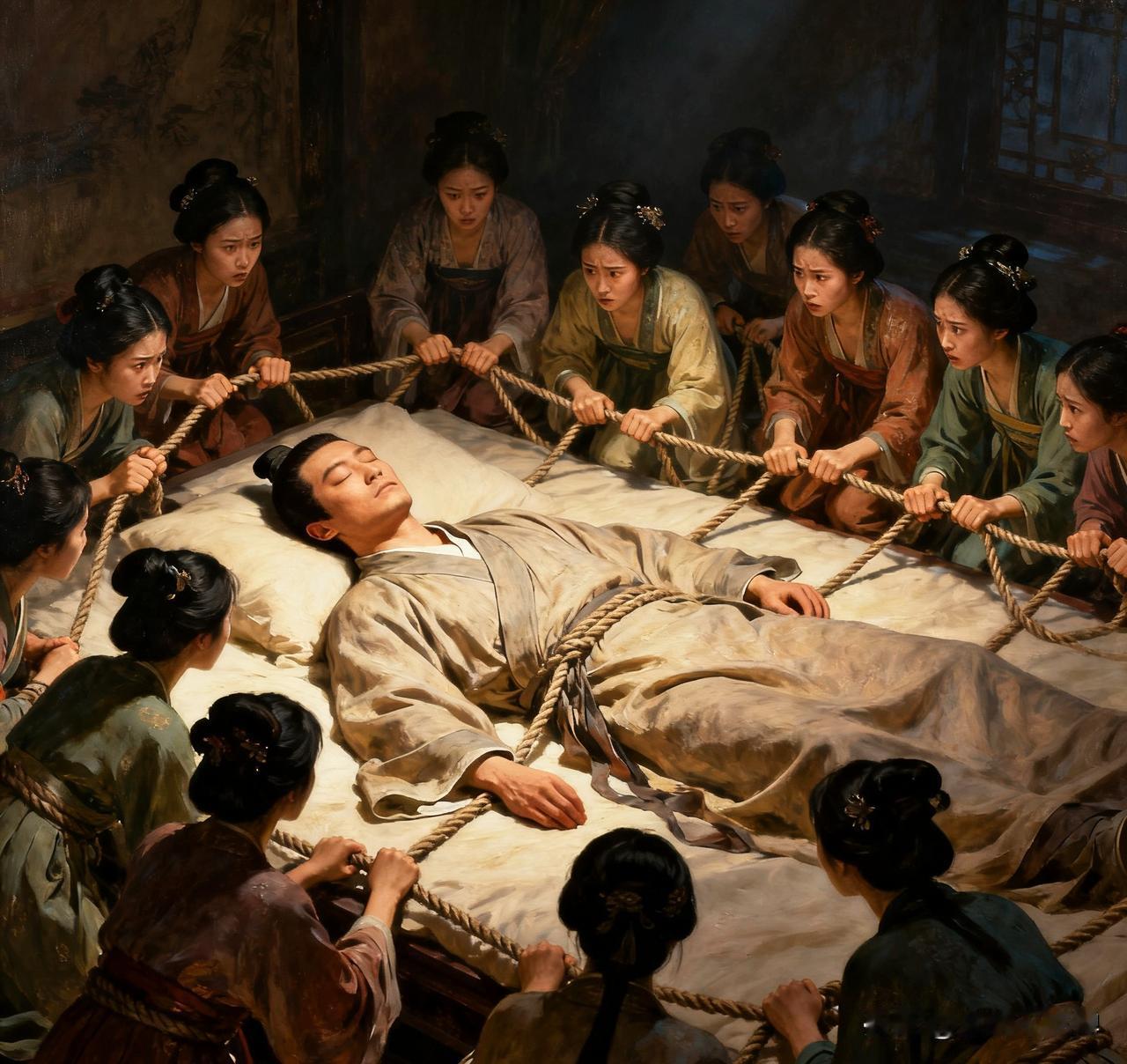 1542年紫禁城坤宁宫深夜，16个宫女像影子般围上龙床，杨金英把搓好的绳套套进皇