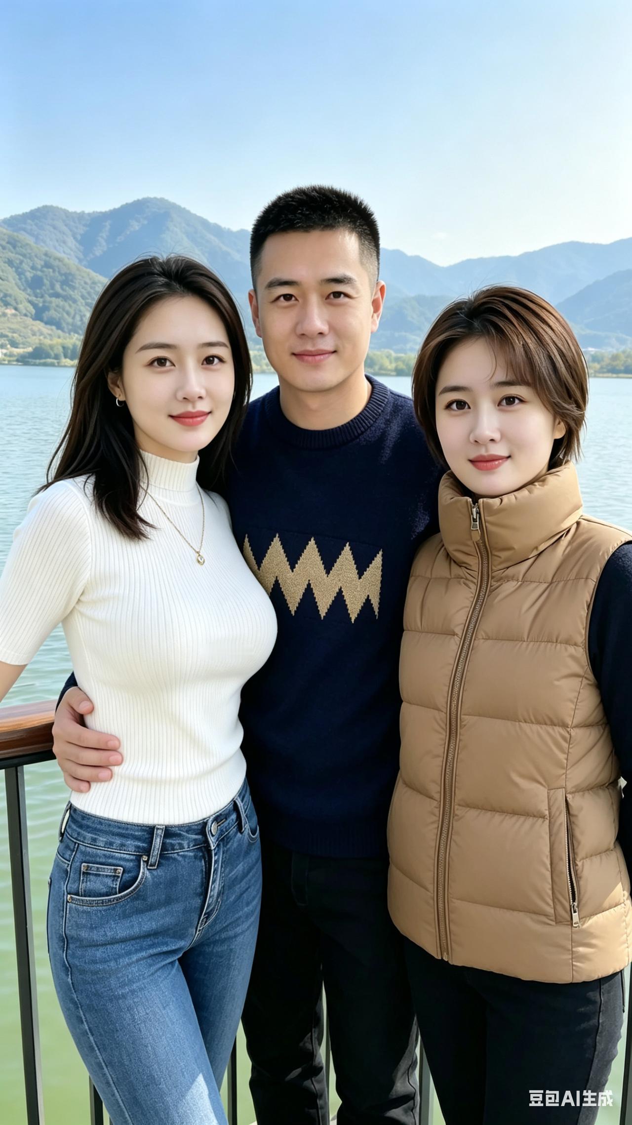 湖光山色里，三人共话欢。
那个是我心上人，邀众人评，看看你们的见解。