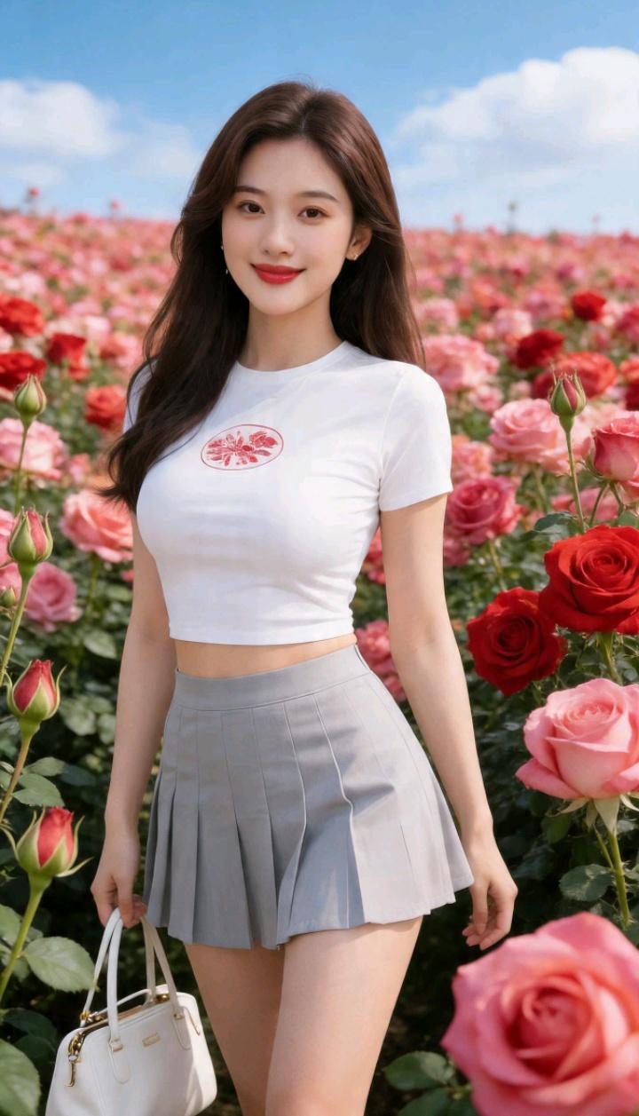 在花海中，甜美少女与玫瑰的浪漫邂逅。男人最离不开什么样的女人 淡粉色的玫瑰 温柔